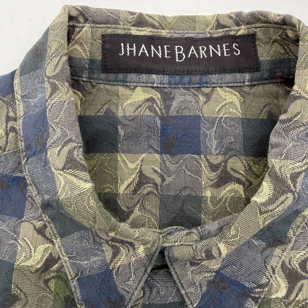 Jhane Barnes Button Down Men S Blue Green Woven Jacquard Check Long Sleeve Shirt